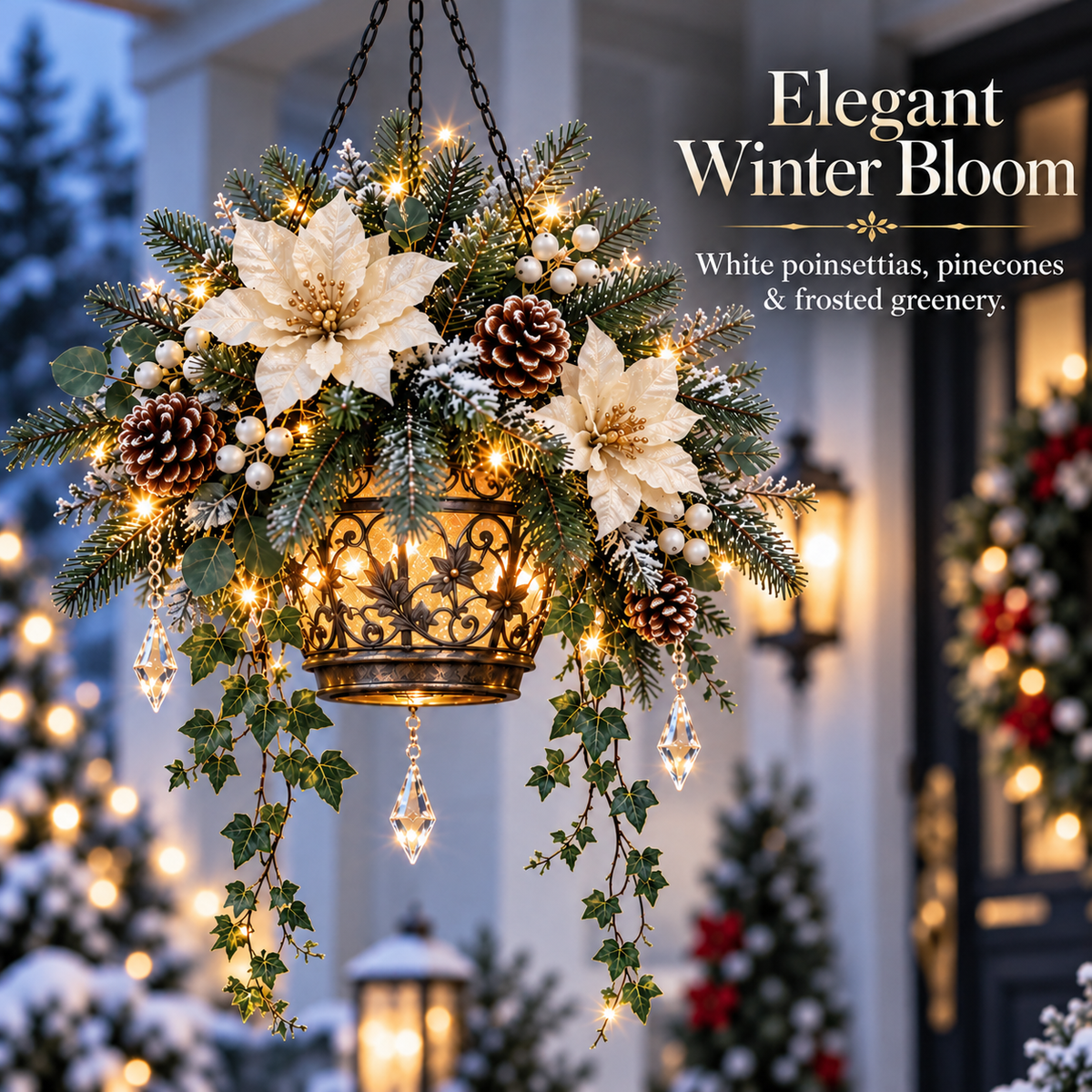 Winter flowers, pinecones and frosted greenery in the Winter Bloom Glow design