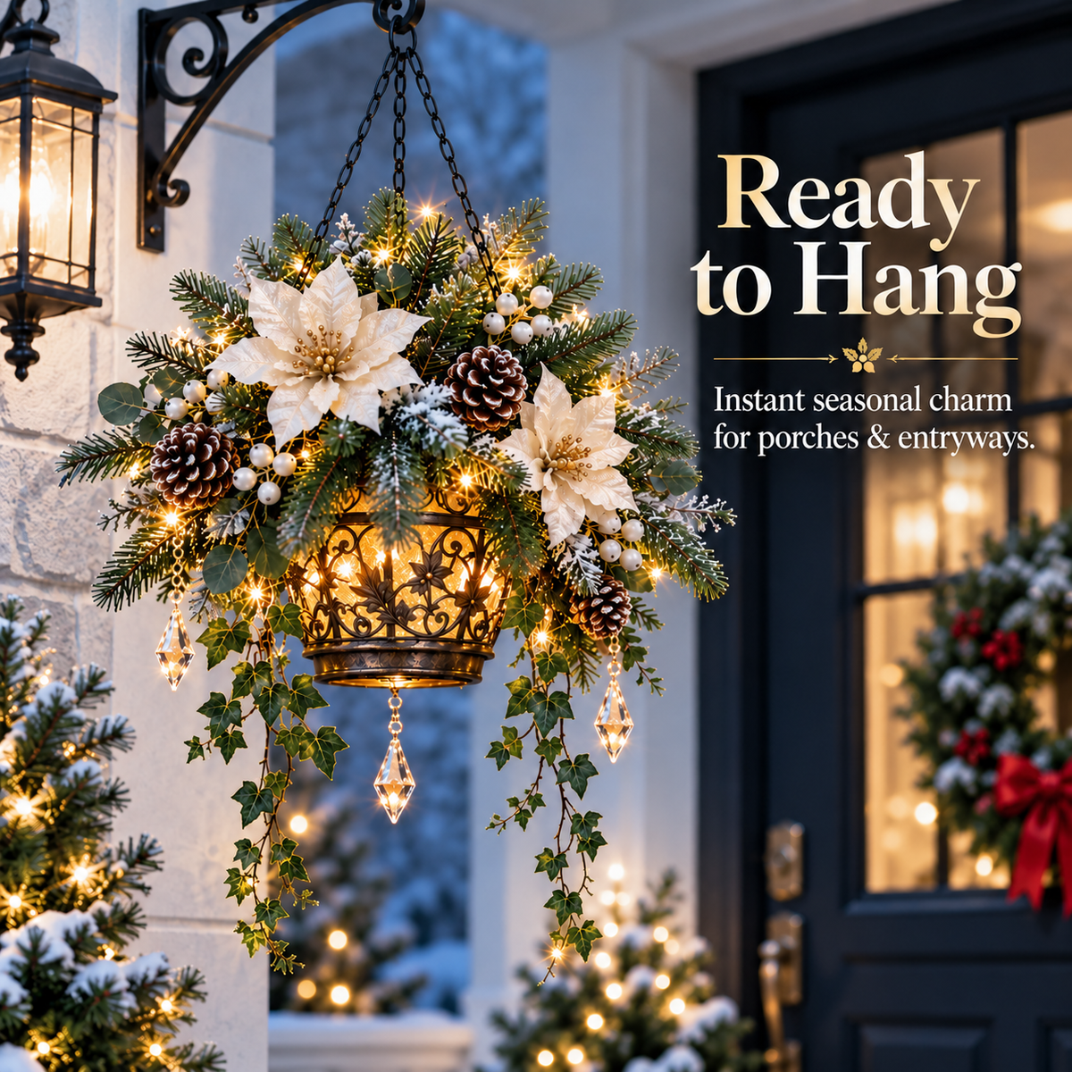 Winter Bloom Glow hanging decoration styled at a front entryway