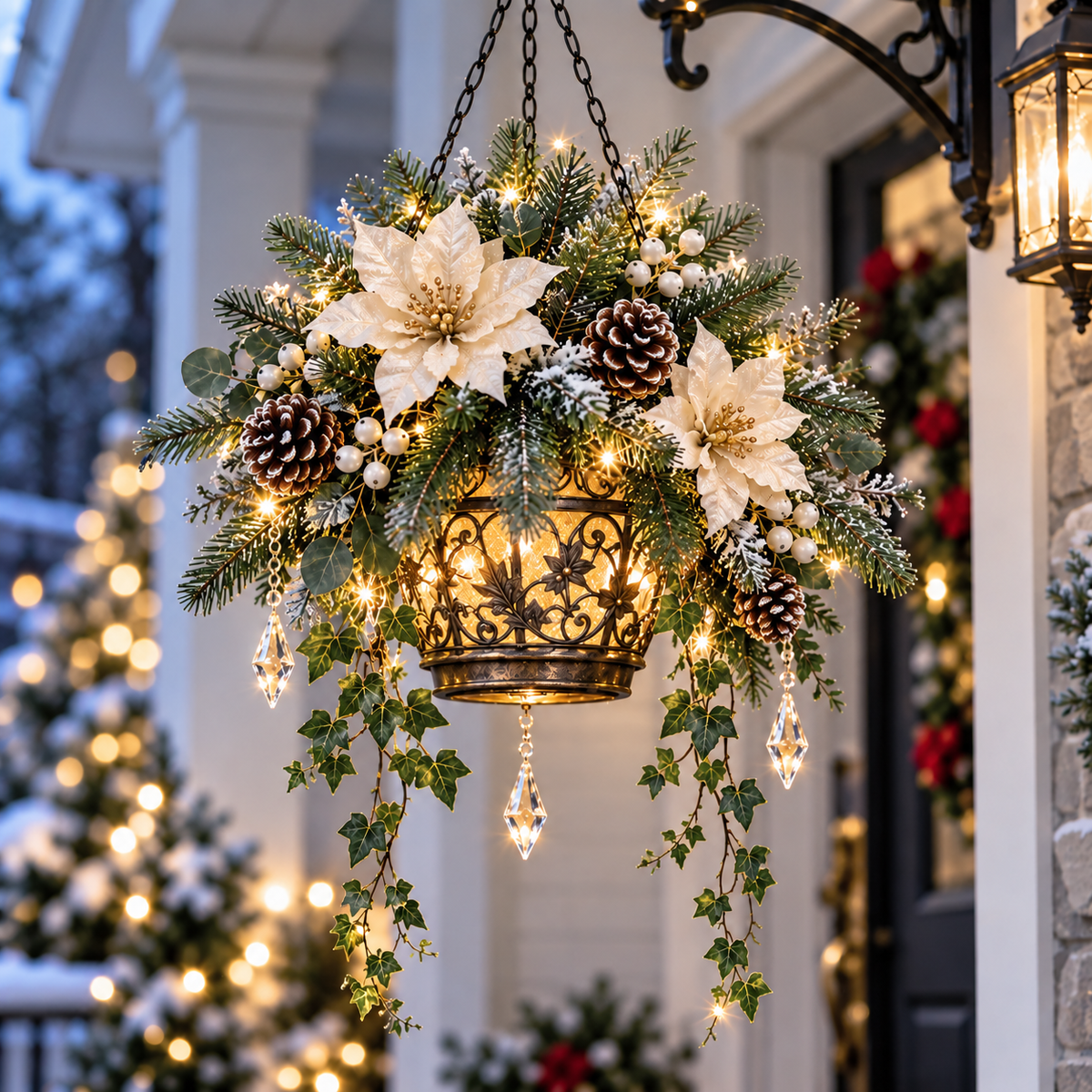 Winter Bloom Glow illuminated hanging Christmas arrangement