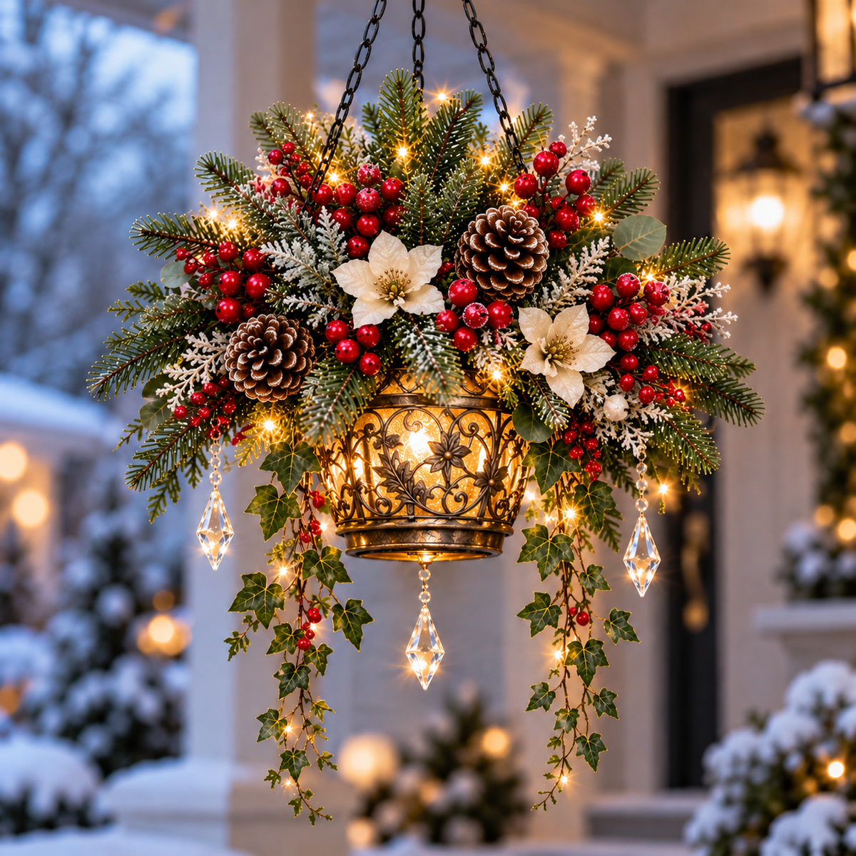 Close view of layered Winter Bloom Glow holiday greenery