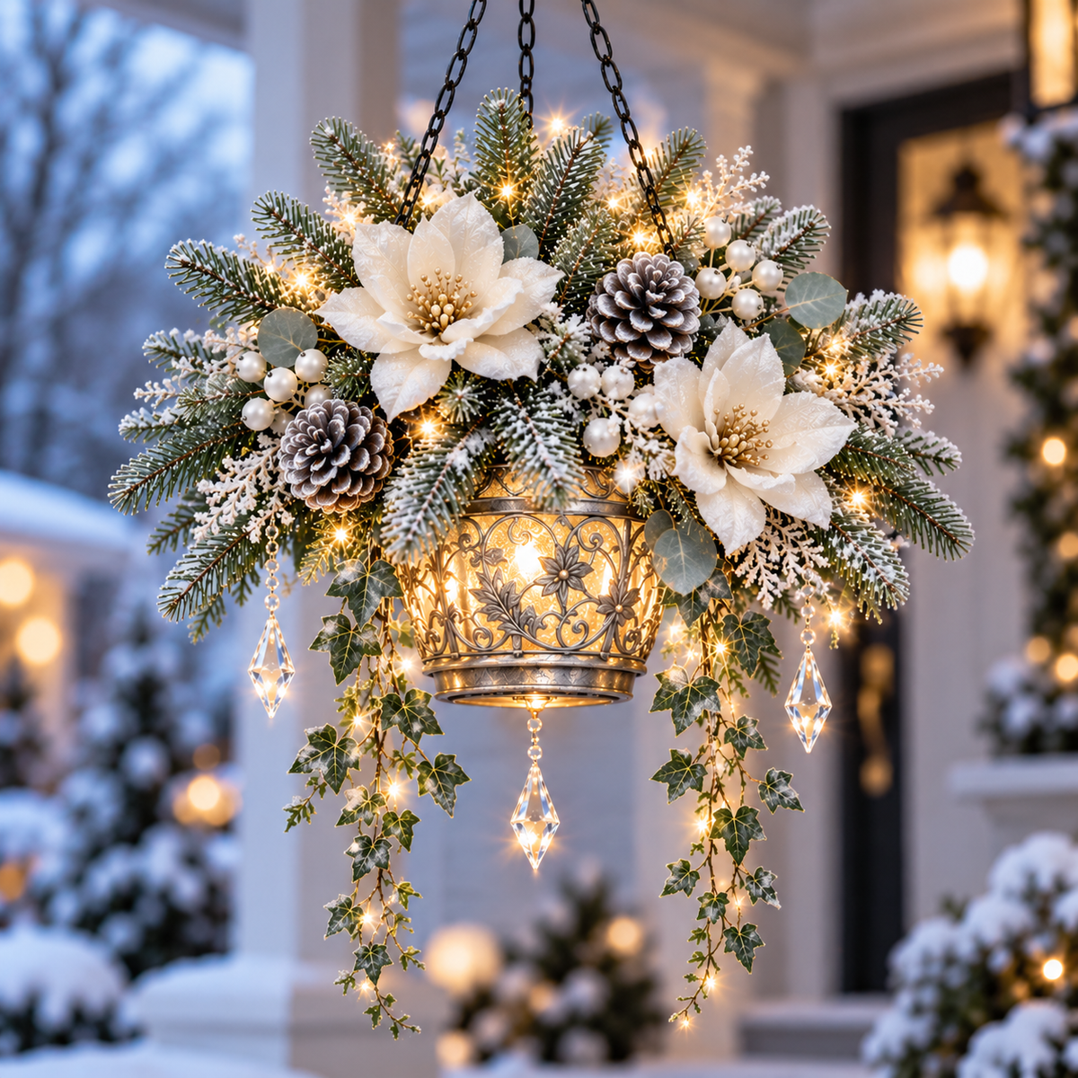 Winter Bloom Glow arrangement styled on a Christmas porch