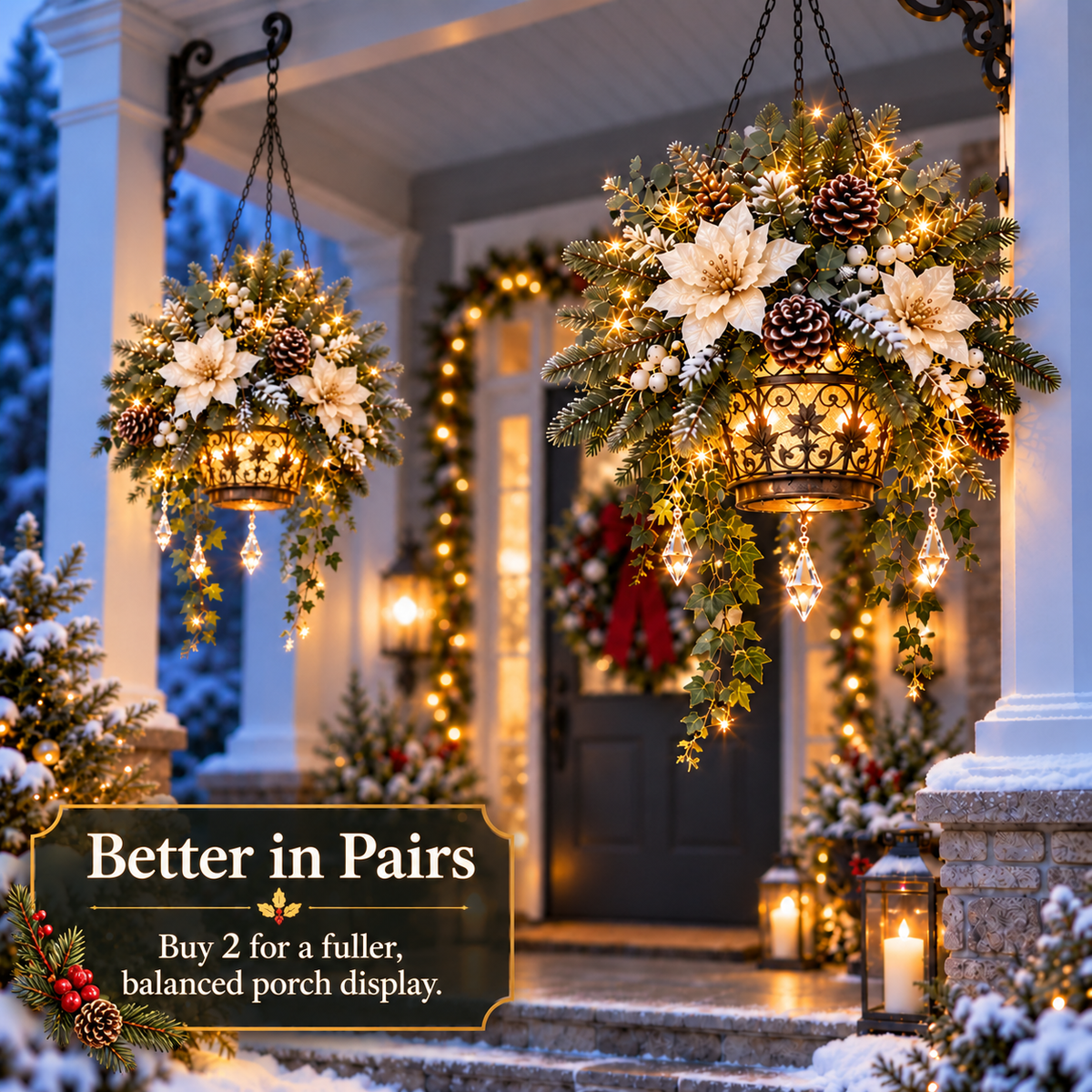 Two Winter Bloom Glow hanging Christmas arrangements displayed together