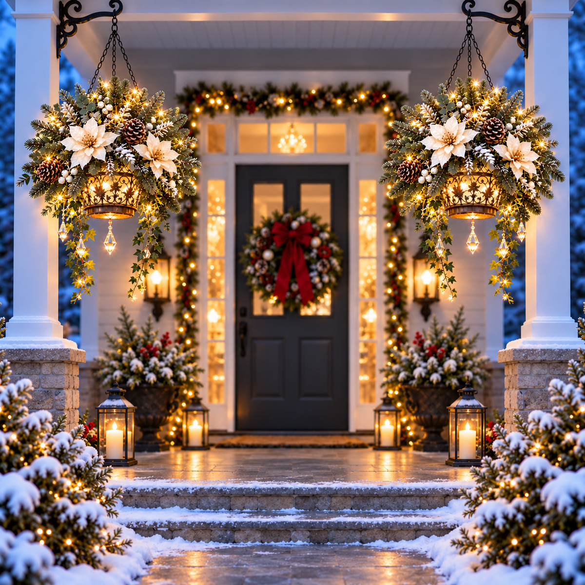Winter Bloom Glow arrangements framing a snowy Christmas porch